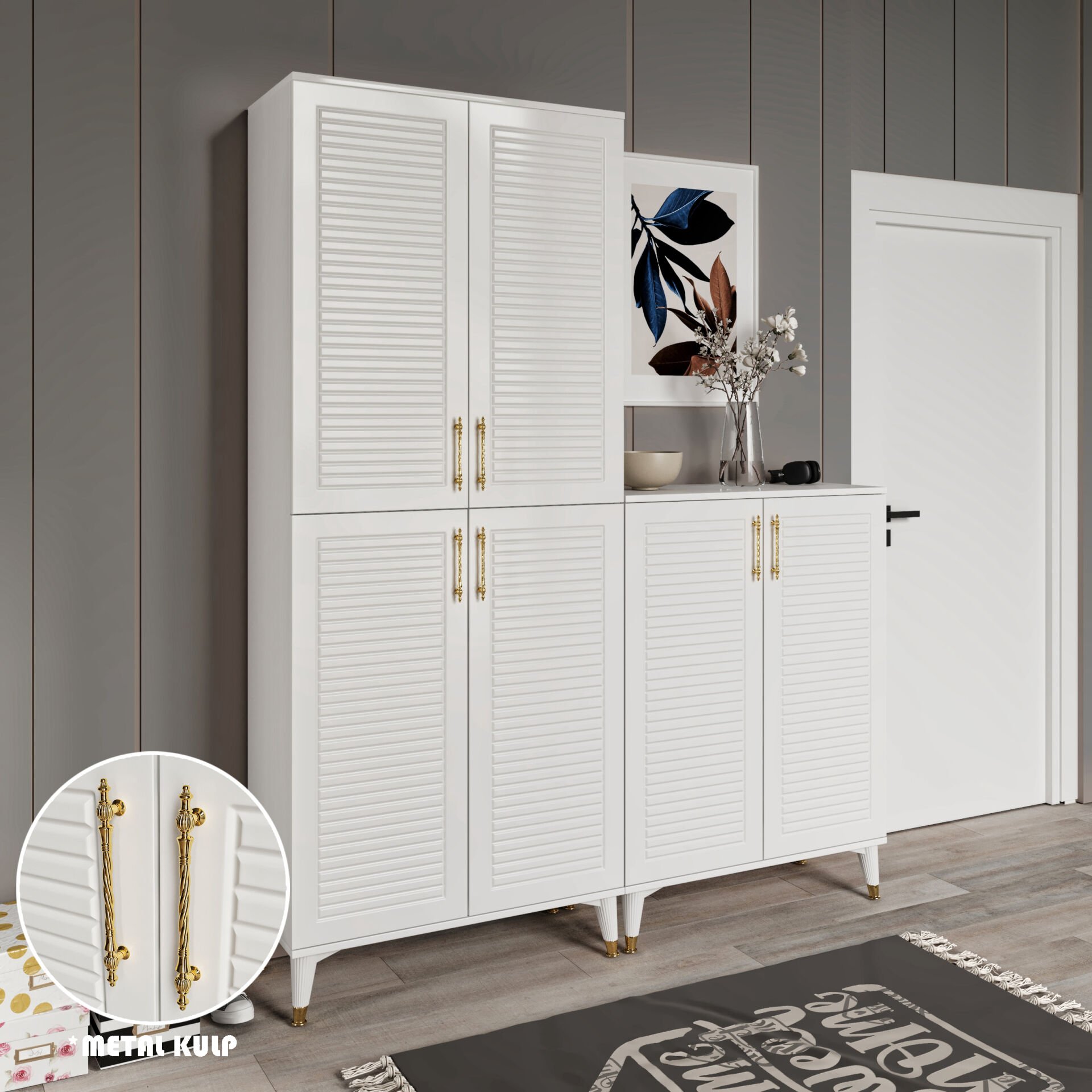 Panjurlu Metal Kulp Pnj6190 Ayakkabılık 6 Kapaklı Mutfak Dolabı  Balkon Dolabı  Kiler Banyo Dolabı Çok Amaçlı Dolap Beyaz Gold