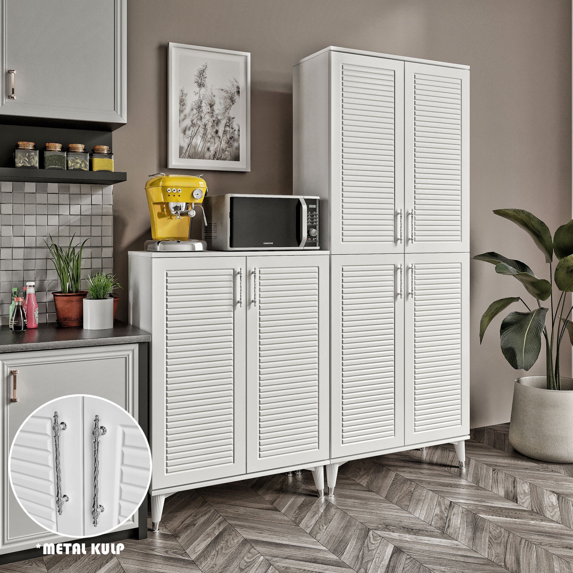 Panjurlu Metal Kulp Pnj6190 Çok Amaçlı Dolap 6 Kapaklı Mutfak Dolabı  Balkon Dolabı  Kiler Banyo Dolabı Ayakkabılık Beyaz Gümüş