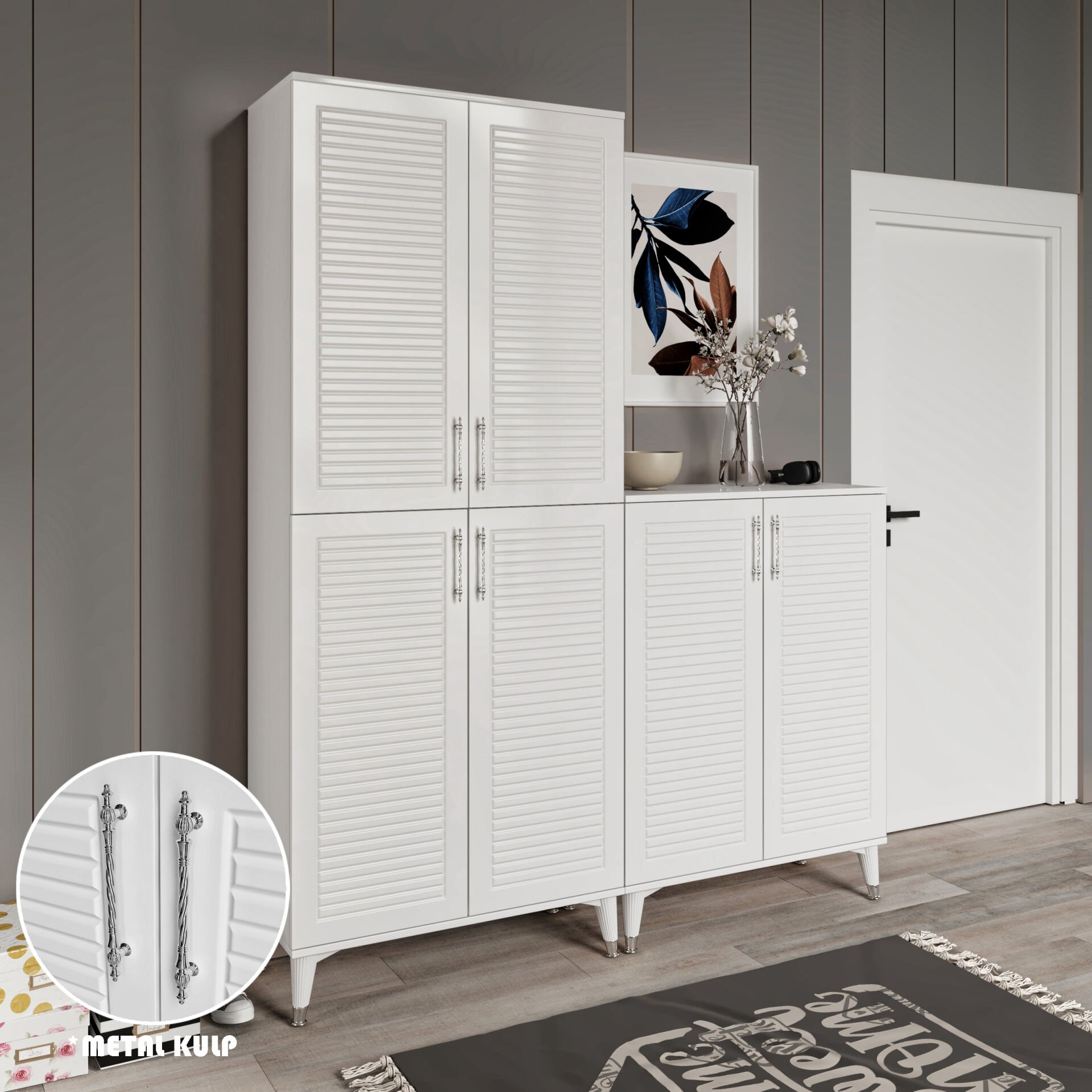 Panjurlu Metal Kulp Pnj6190 Ayakkabılık 6 Kapaklı Mutfak Dolabı  Balkon Dolabı  Kiler Banyo Dolabı Çok Amaçlı Dolap Beyaz Gümüş