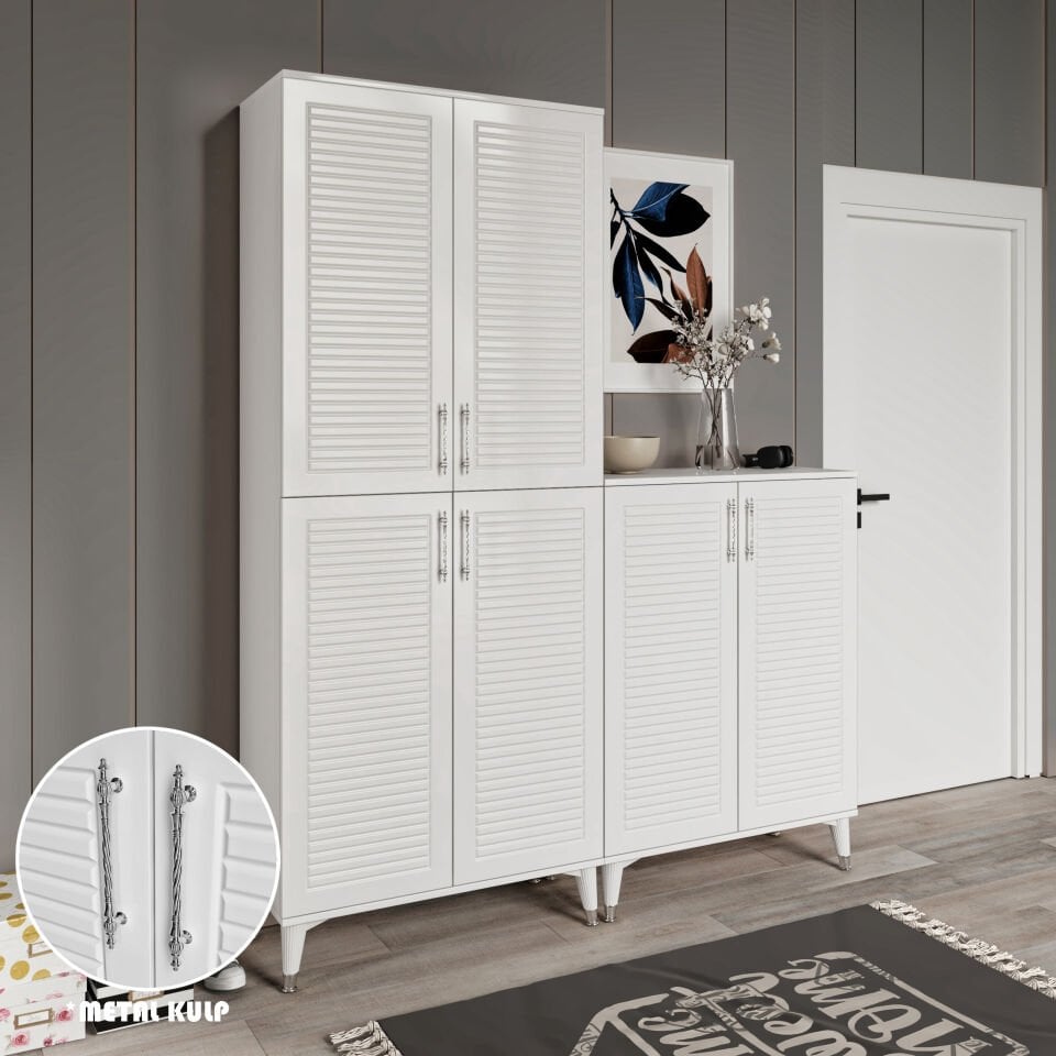 Panjurlu Metal Kulp Pnj6190 Ayakkabılık 6 Kapaklı Mutfak Dolabı  Balkon Dolabı  Kiler Banyo Dolabı Çok Amaçlı Dolap Beyaz Gümüş