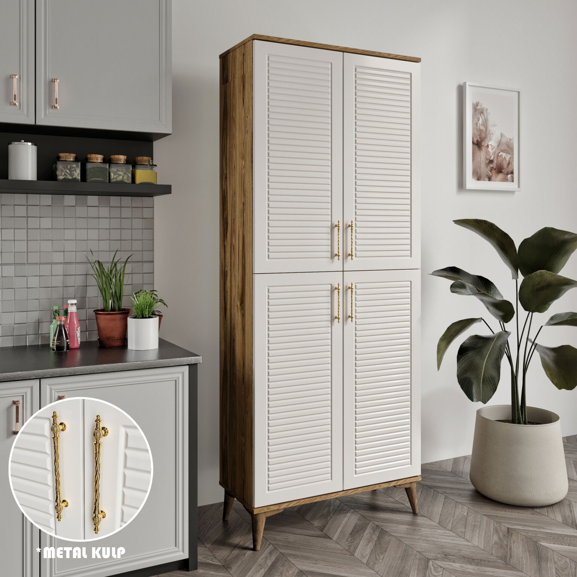 Panjurlu Metal Kulp Pnj4190 Çok Amaçlı Dolap 4 Kapaklı Mutfak Dolabı  Balkon Dolabı  Kiler Banyo Dolabı Ayakkabılık Ekru Ceviz