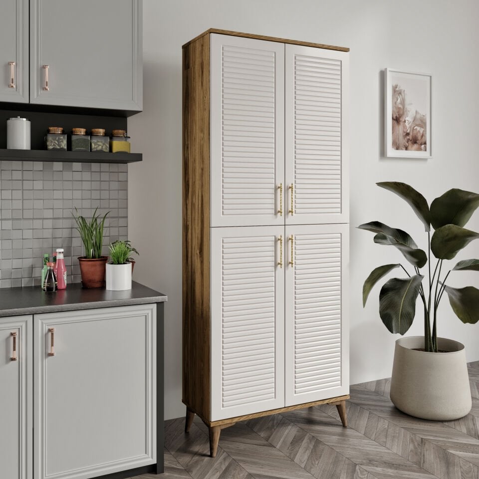 Panjurlu Metal Kulp Pnj4190 Çok Amaçlı Dolap 4 Kapaklı Mutfak Dolabı  Balkon Dolabı  Kiler Banyo Dolabı Ayakkabılık Ekru Ceviz