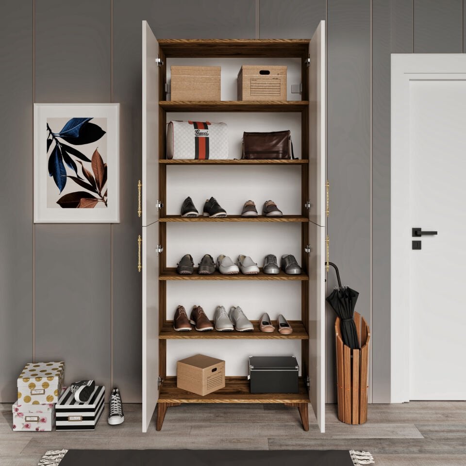 Panjurlu Metal Kulp Pnj4190 Ayakkabılık 4 Kapaklı Mutfak Dolabı  Balkon Dolabı  Kiler Banyo Dolabı Çok Amaçlı Dolap Ekru Ceviz