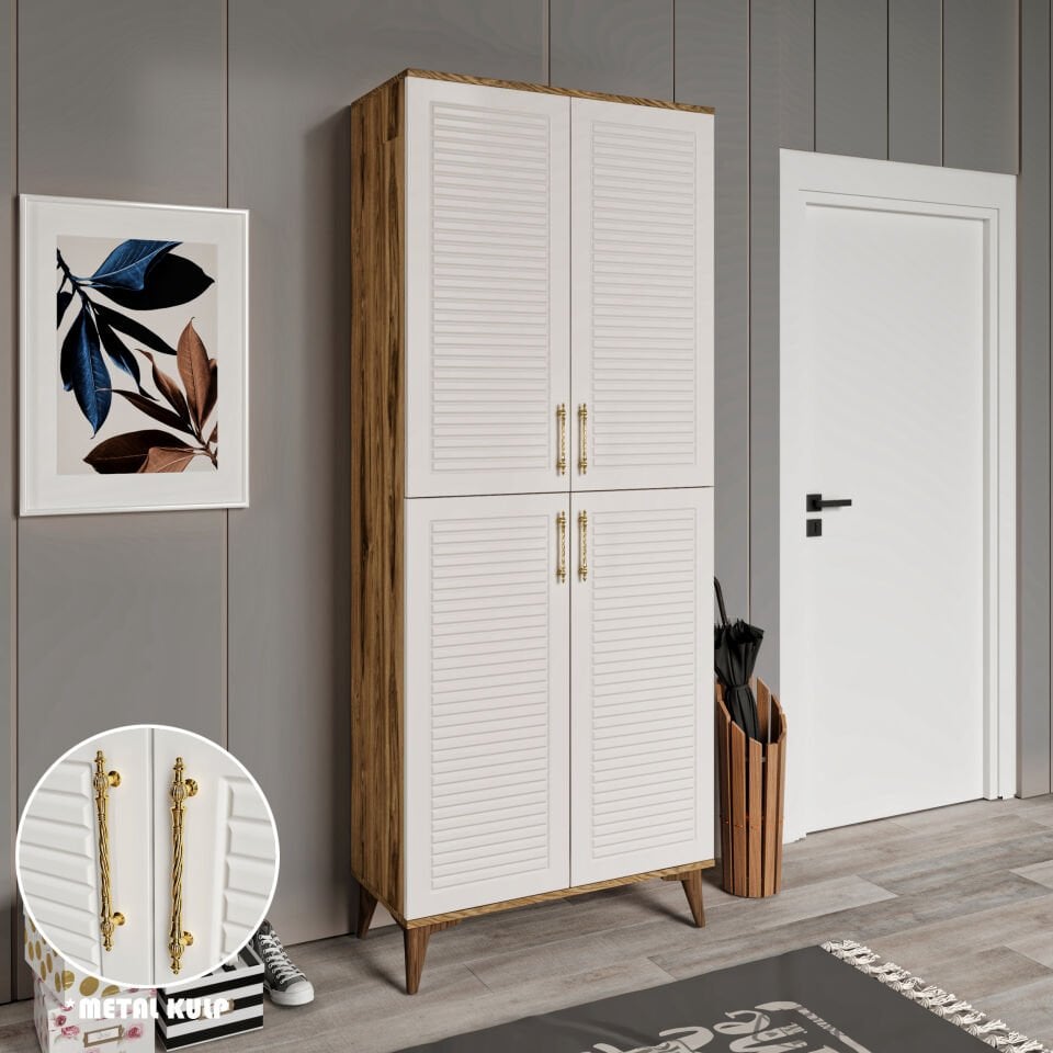 PNJ4190 ekru ceviz panjurlu kapak ve metal kulp detay