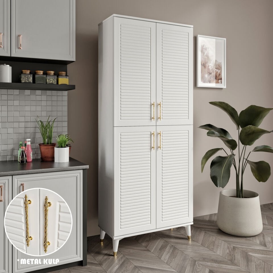 Panjurlu Metal Kulp Pnj4190 Çok Amaçlı Dolap 4 Kapaklı Mutfak Dolabı  Balkon Dolabı  Kiler Banyo Dolabı Ayakkabılık Beyaz Gold