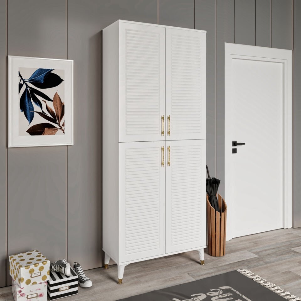 Panjurlu Metal Kulp Pnj4190 Ayakkabılık 4 Kapaklı Mutfak Dolabı  Balkon Dolabı  Kiler Banyo Dolabı Çok Amaçlı Dolap Beyaz Gold