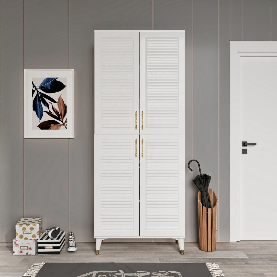 Panjurlu Metal Kulp Pnj4190 Ayakkabılık 4 Kapaklı Mutfak Dolabı  Balkon Dolabı  Kiler Banyo Dolabı Çok Amaçlı Dolap Beyaz Gold