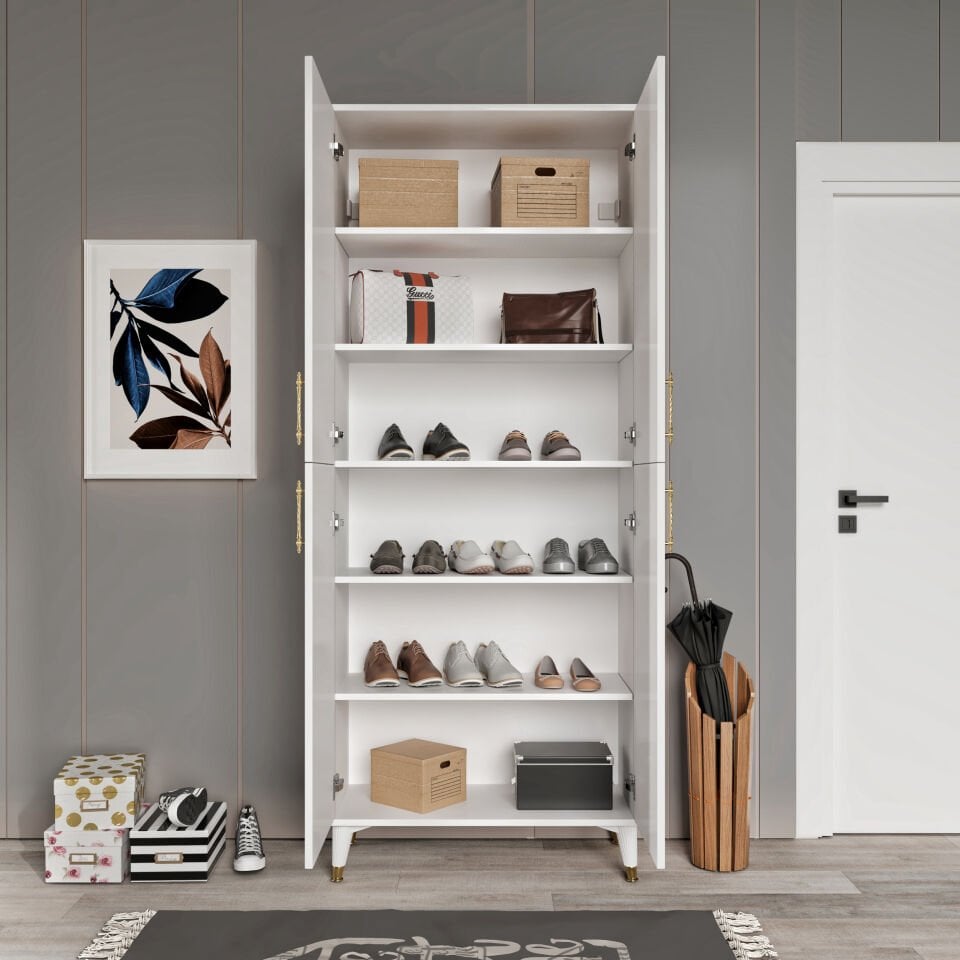 Panjurlu Metal Kulp Pnj4190 Ayakkabılık 4 Kapaklı Mutfak Dolabı  Balkon Dolabı  Kiler Banyo Dolabı Çok Amaçlı Dolap Beyaz Gold