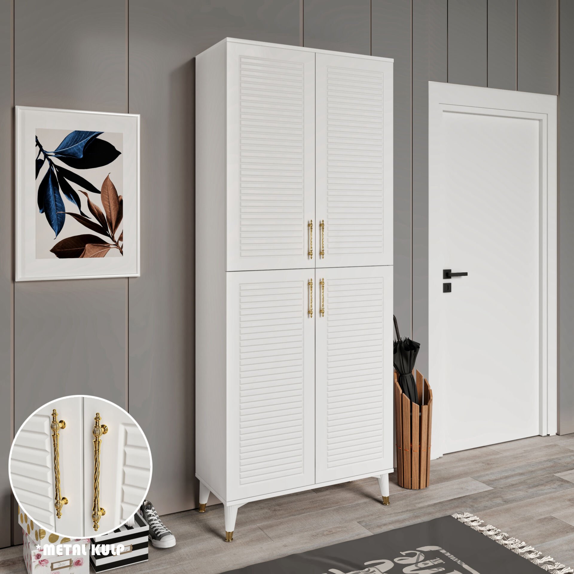 Panjurlu Metal Kulp Pnj4190 Ayakkabılık 4 Kapaklı Mutfak Dolabı  Balkon Dolabı  Kiler Banyo Dolabı Çok Amaçlı Dolap Beyaz Gold