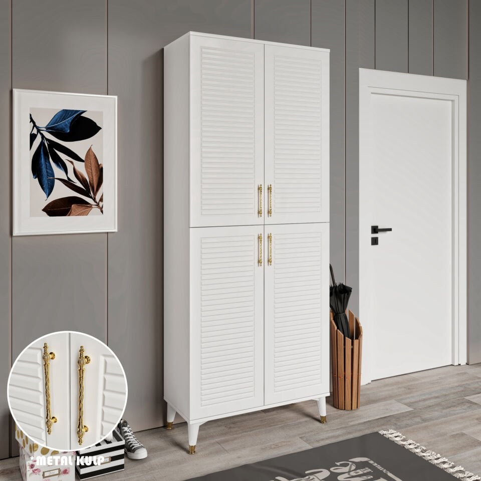 Panjurlu 4 Kapaklı Ayakkabılık/Çok Amaçlı Dolap - Beyaz Gold