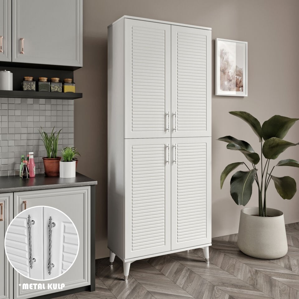 Panjurlu Metal Kulp Pnj4190 Çok Amaçlı Dolap 4 Kapaklı Mutfak Dolabı  Balkon Dolabı  Kiler Banyo Dolabı Ayakkabılık Beyaz Gümüş
