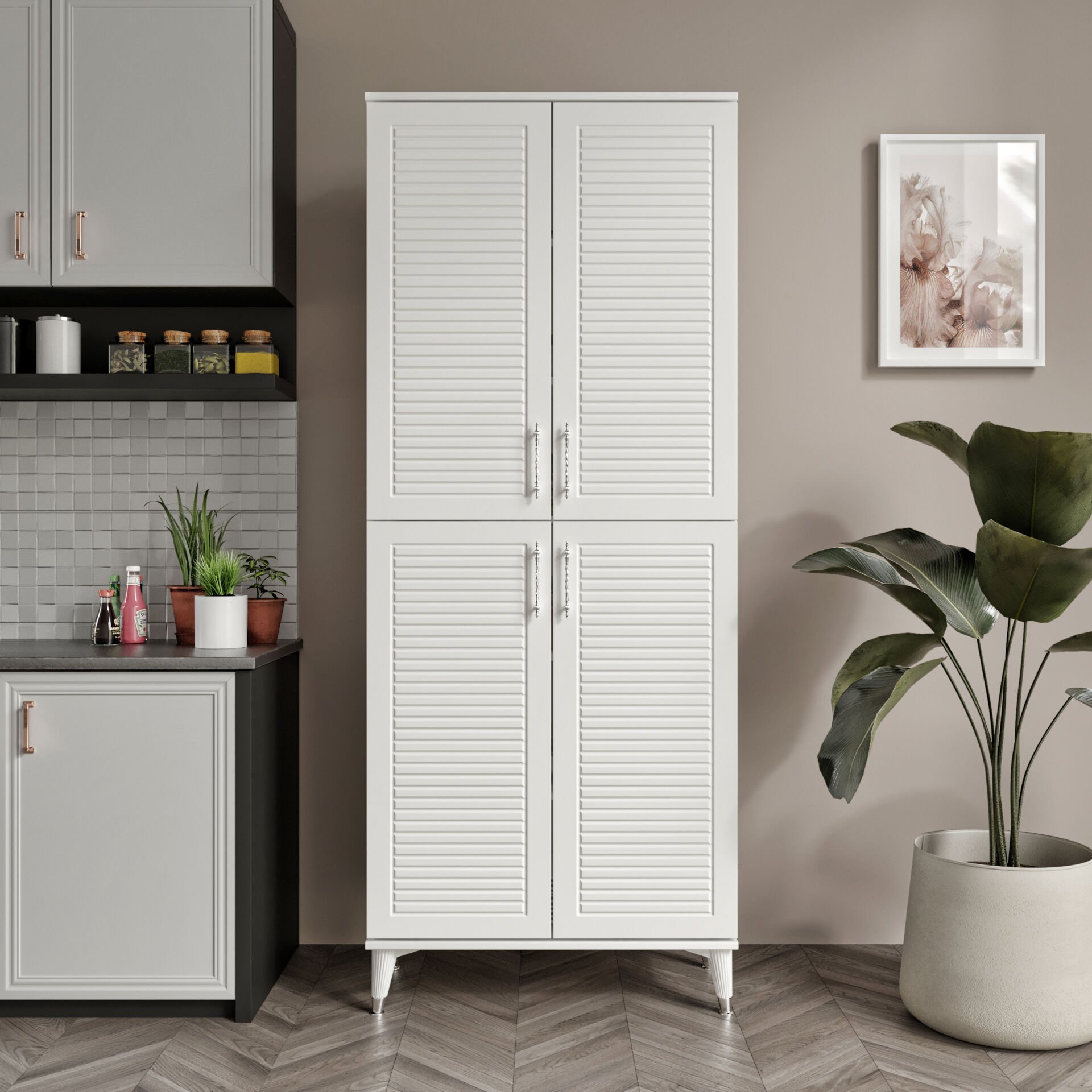 PNJ4190 beyaz gümüş çok amaçlı dolap 4 kapaklı mutfak balkon kiler banyo ayakkabilik