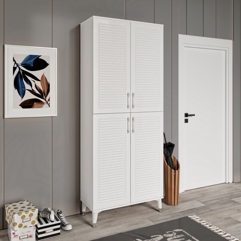 Panjurlu Metal Kulp Pnj4190 Ayakkabılık 4 Kapaklı Mutfak Dolabı  Balkon Dolabı  Kiler Banyo Dolabı Çok Amaçlı Dolap Beyaz Gümüş