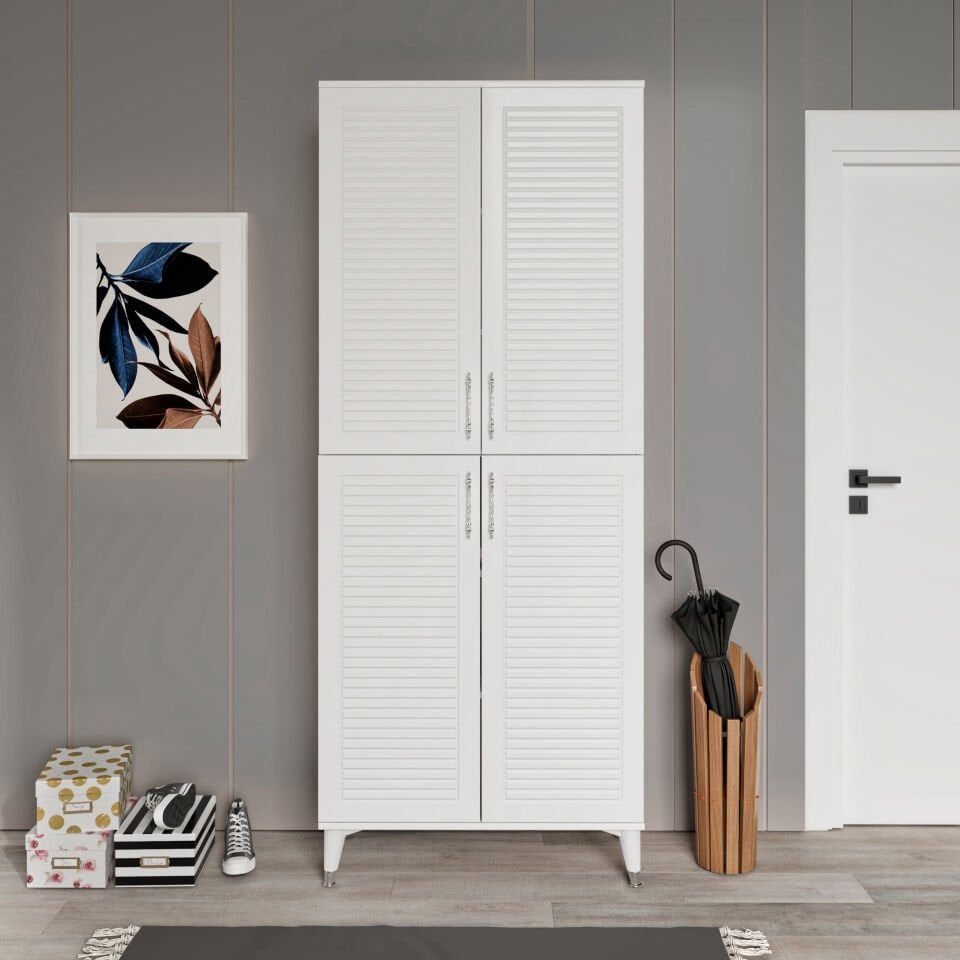 Panjurlu Metal Kulp Pnj4190 Ayakkabılık 4 Kapaklı Mutfak Dolabı  Balkon Dolabı  Kiler Banyo Dolabı Çok Amaçlı Dolap Beyaz Gümüş