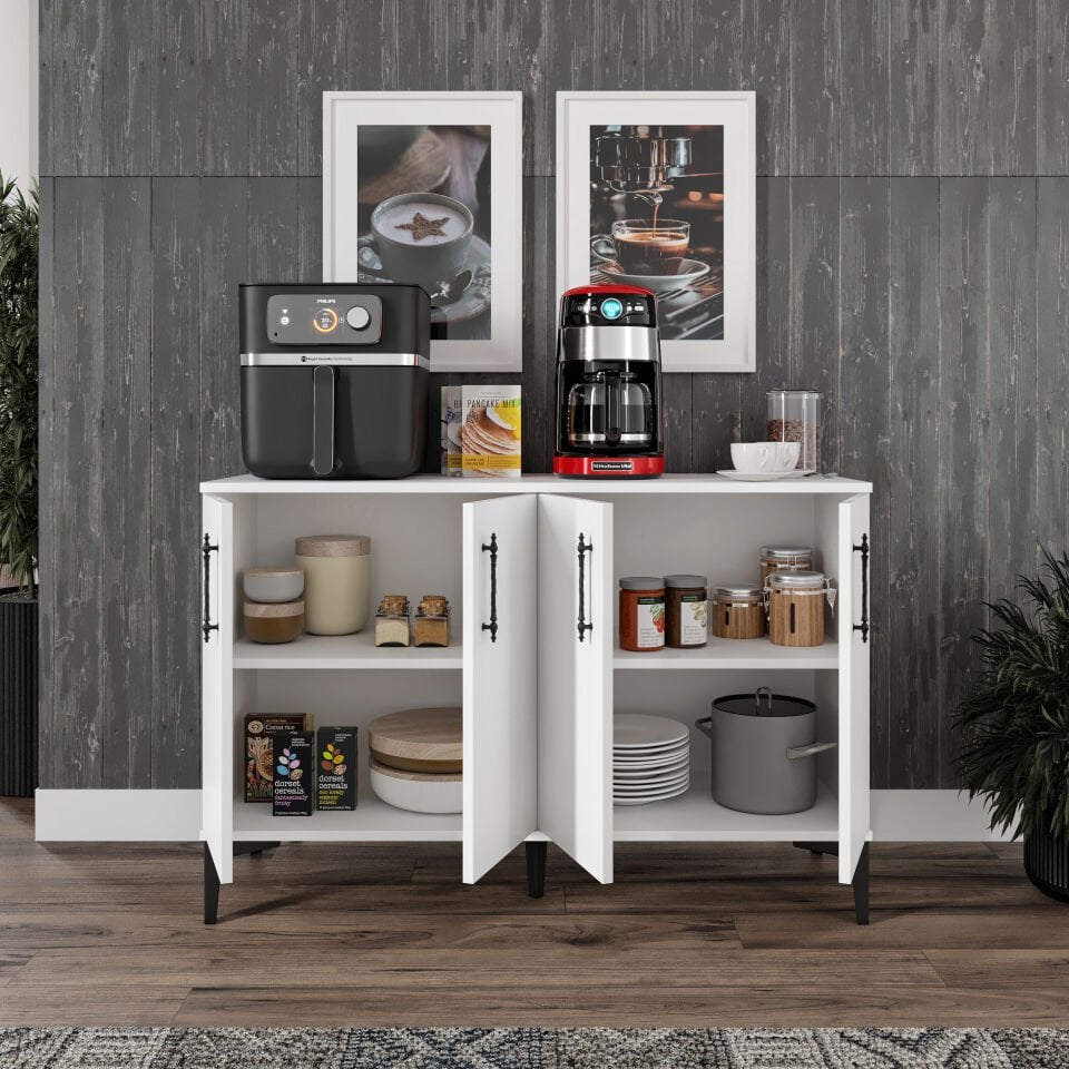 Çok amaçlı beyaz kahve köşesi dolabı ve düzenleyici saklama alanları