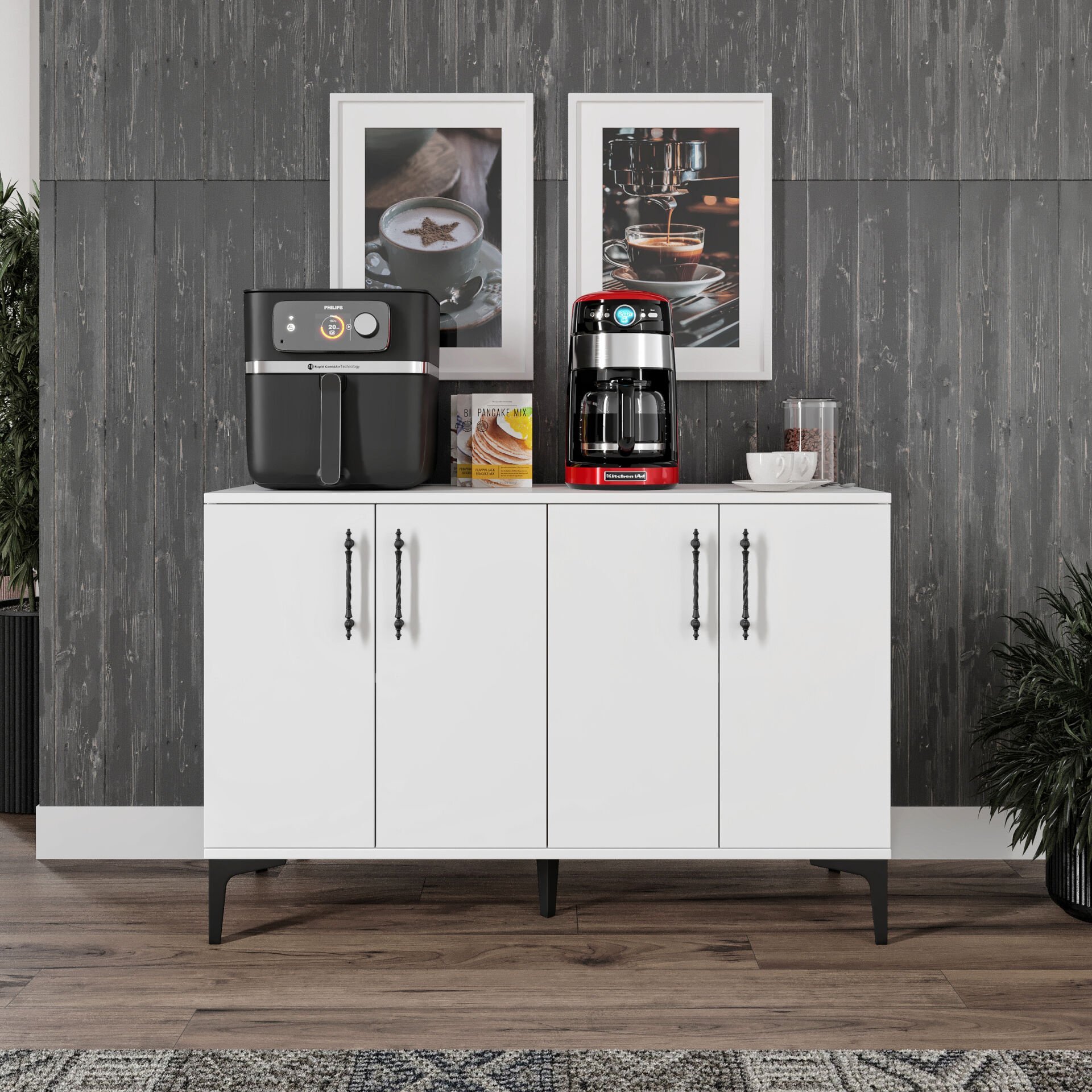 Beyaz kahve köşesi dolabı, 4 kapaklı geniş depolama alanı