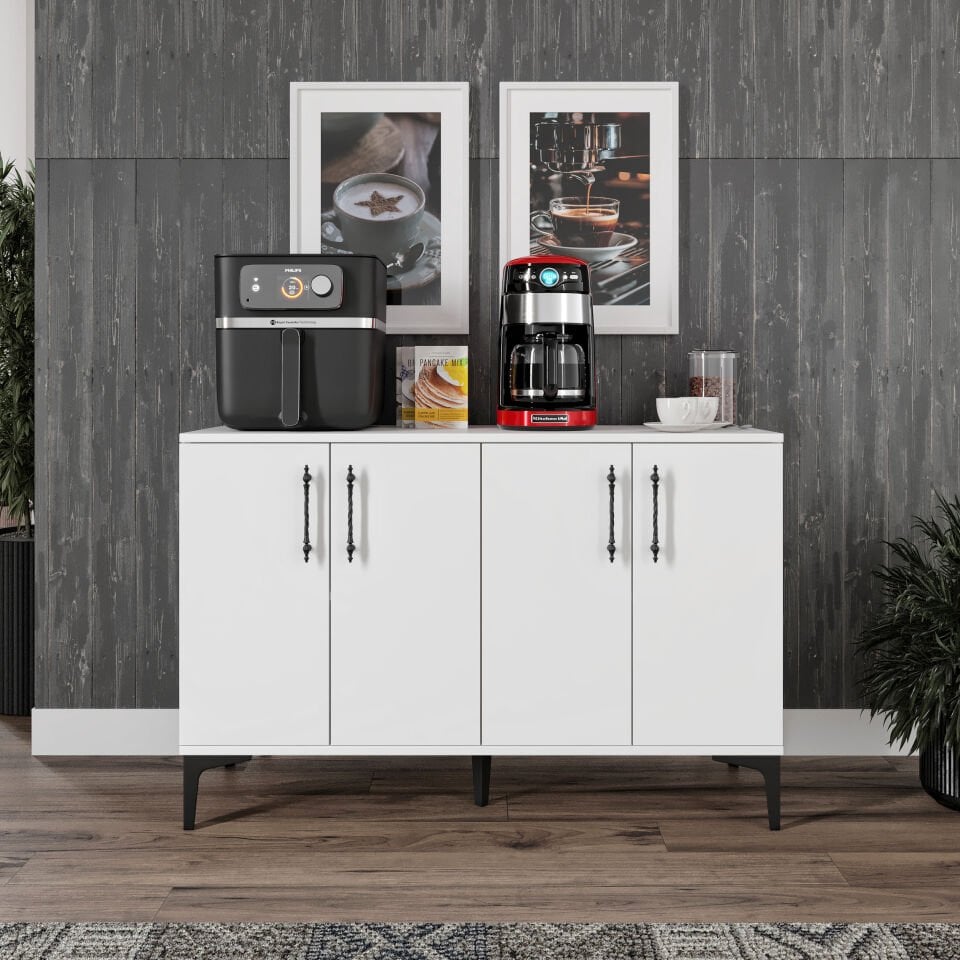 Beyaz kahve köşesi dolabı, 4 kapaklı geniş depolama alanı