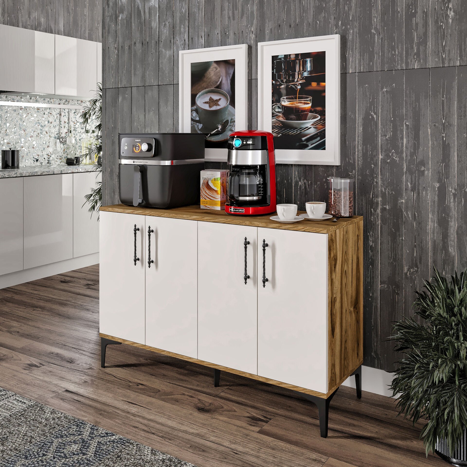 Kahve Köşesi Dolabı 4 Kapaklı Çok Amaçlı Saklama & Erzak Dolabı – Metal Ayaklı ve Metal Kulplu | Plain Pla4120 Ekru Ceviz