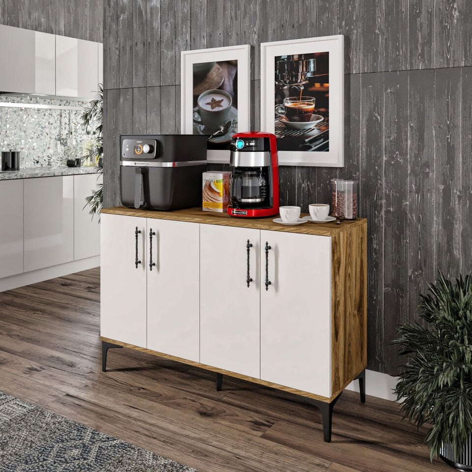 Kahve Köşesi Dolabı 4 Kapaklı Çok Amaçlı Saklama & Erzak Dolabı – Metal Ayaklı ve Metal Kulplu | Plain Pla4120 Ekru Ceviz