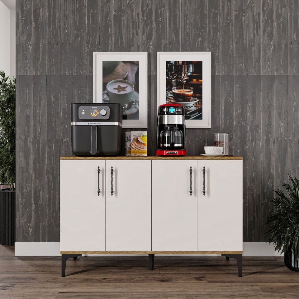 Kahve Köşesi Dolabı 4 Kapaklı Çok Amaçlı Saklama & Erzak Dolabı – Metal Ayaklı ve Metal Kulplu | Plain Pla4120 Ekru Ceviz