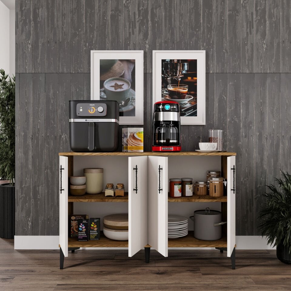 Kahve Köşesi Dolabı 4 Kapaklı Çok Amaçlı Saklama & Erzak Dolabı – Metal Ayaklı ve Metal Kulplu | Plain Pla4120 Ekru Ceviz