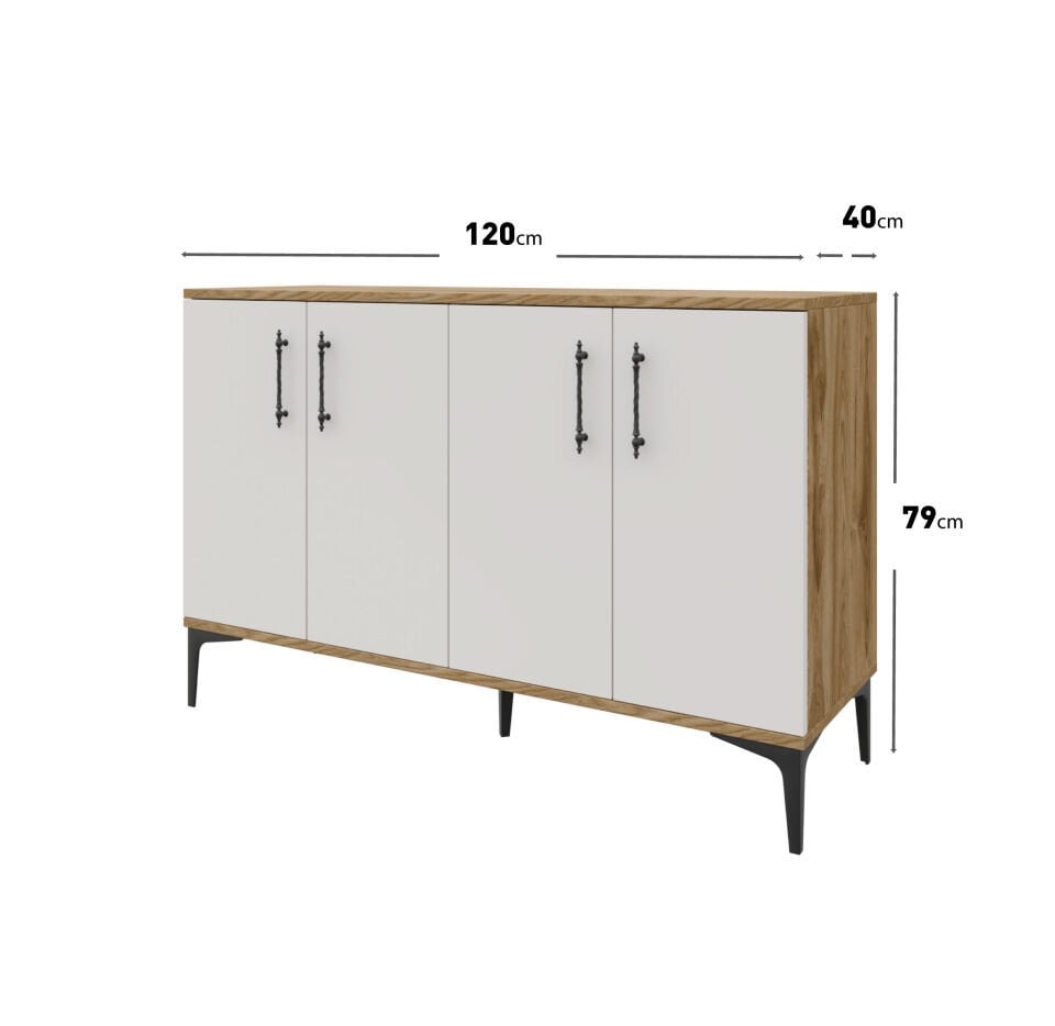 Kahve Köşesi Dolabı 4 Kapaklı Çok Amaçlı Saklama & Erzak Dolabı – Metal Ayaklı ve Metal Kulplu | Plain Pla4120 Ekru Ceviz