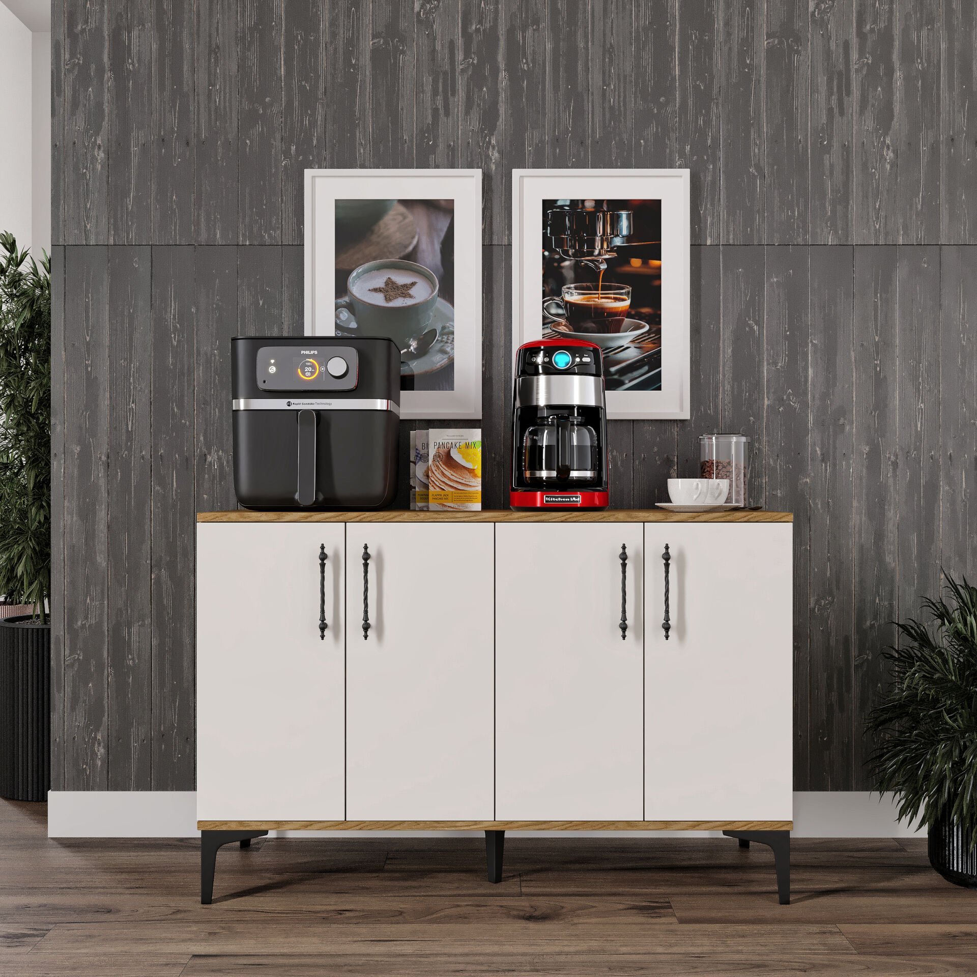 Ekru ceviz kahve köşesi dolabı, 4 kapaklı geniş depolama alanı