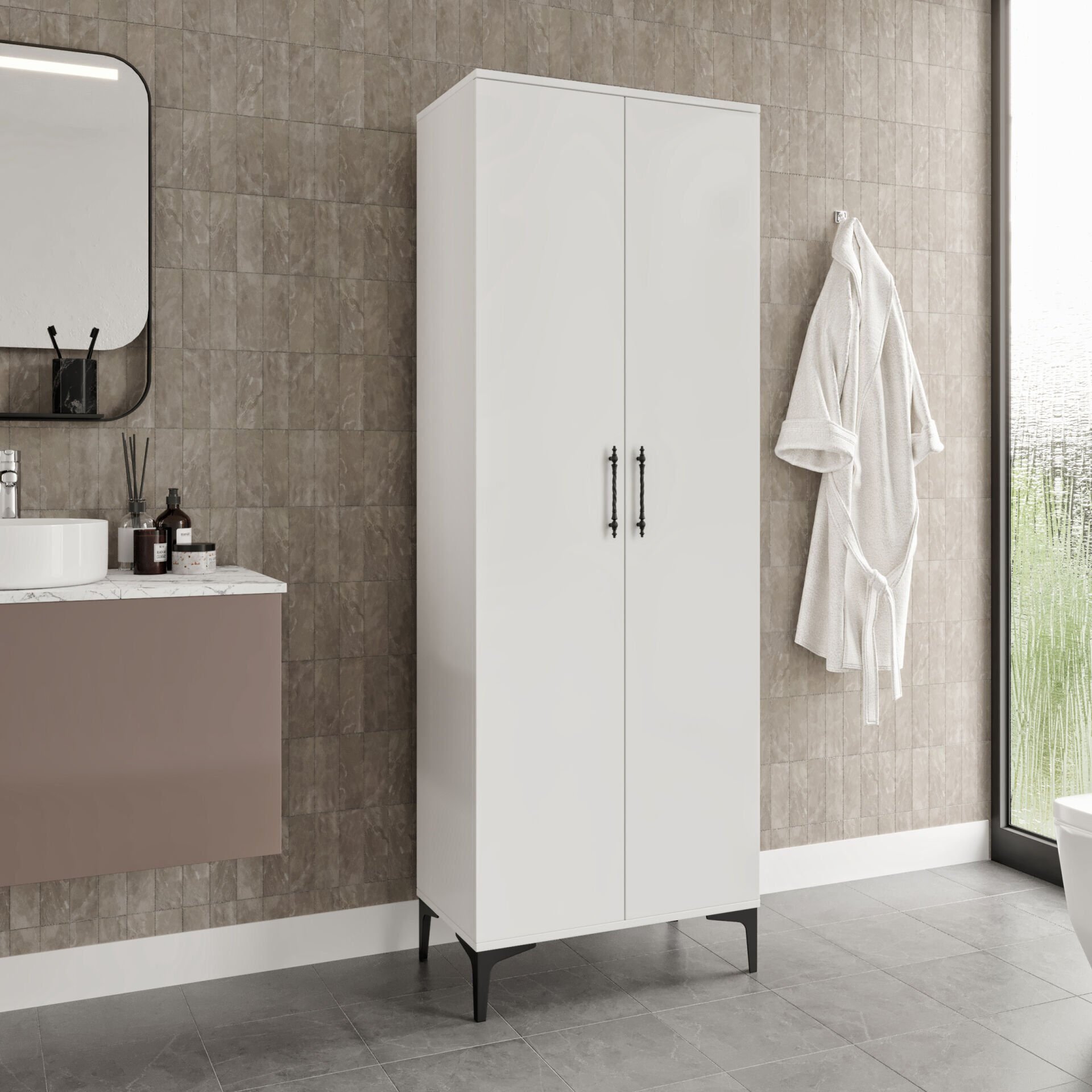 Beyaz çok amaçlı dolap — banyo ve mutfak için pratik depolama çözümü.