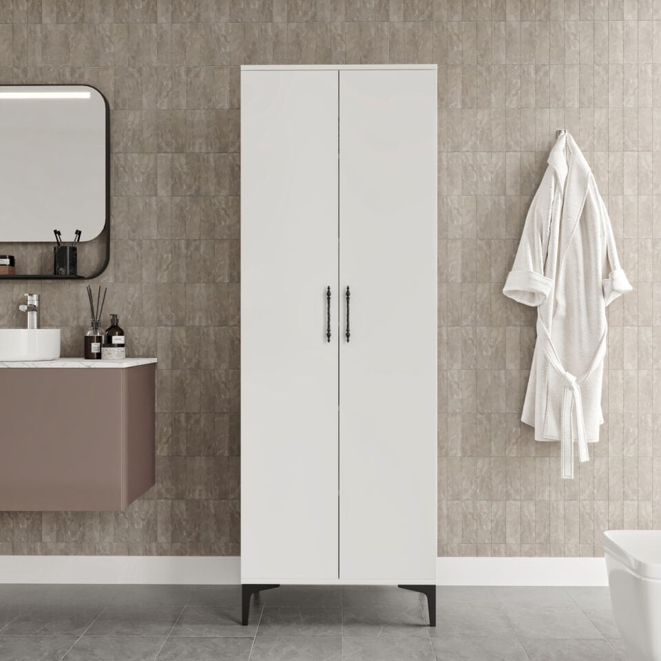 Metal ayaklı beyaz banyo dolabı, modern ve fonksiyonel tasarım.