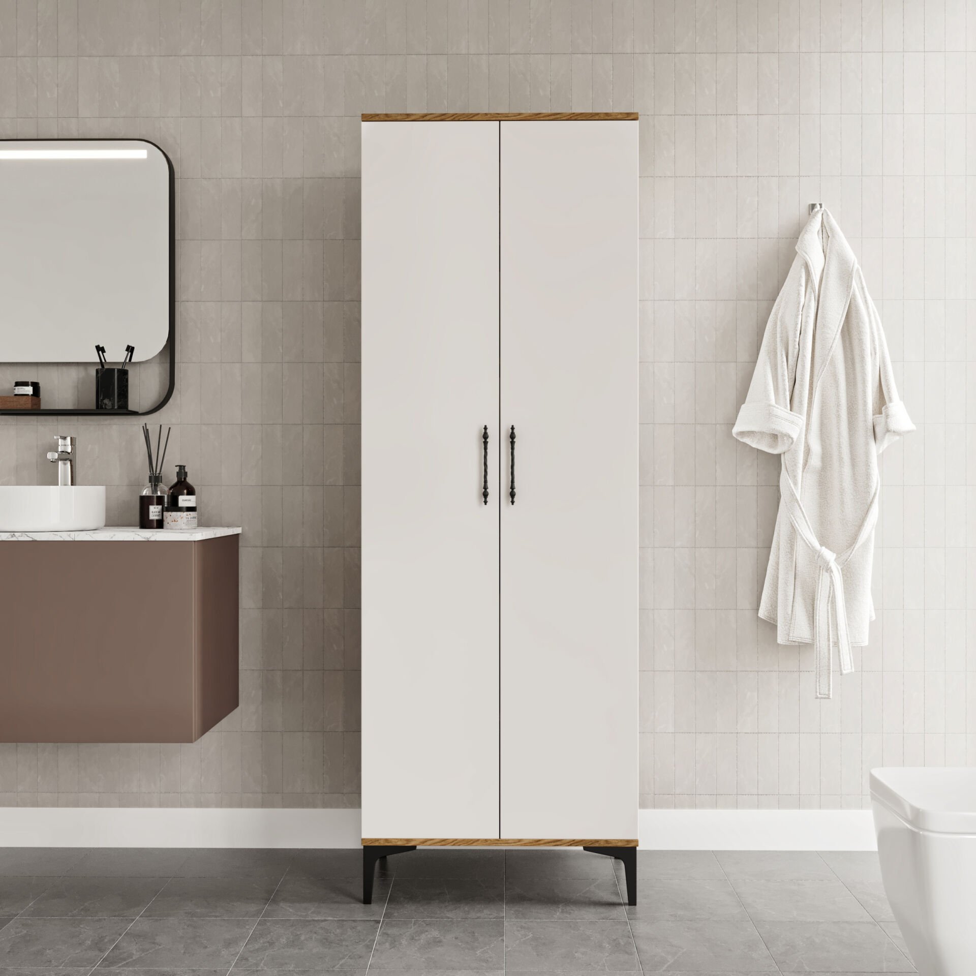 Ekru ceviz çok amaçlı dolap, banyo ve mutfak için fonksiyonel depolama çözümü.