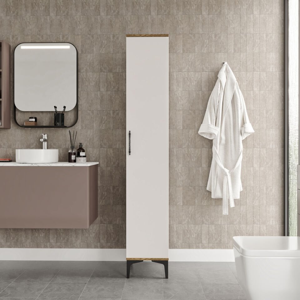 Ekru ceviz renkli çok amaçlı dolap, banyo ve ev depolama için şık çözüm.