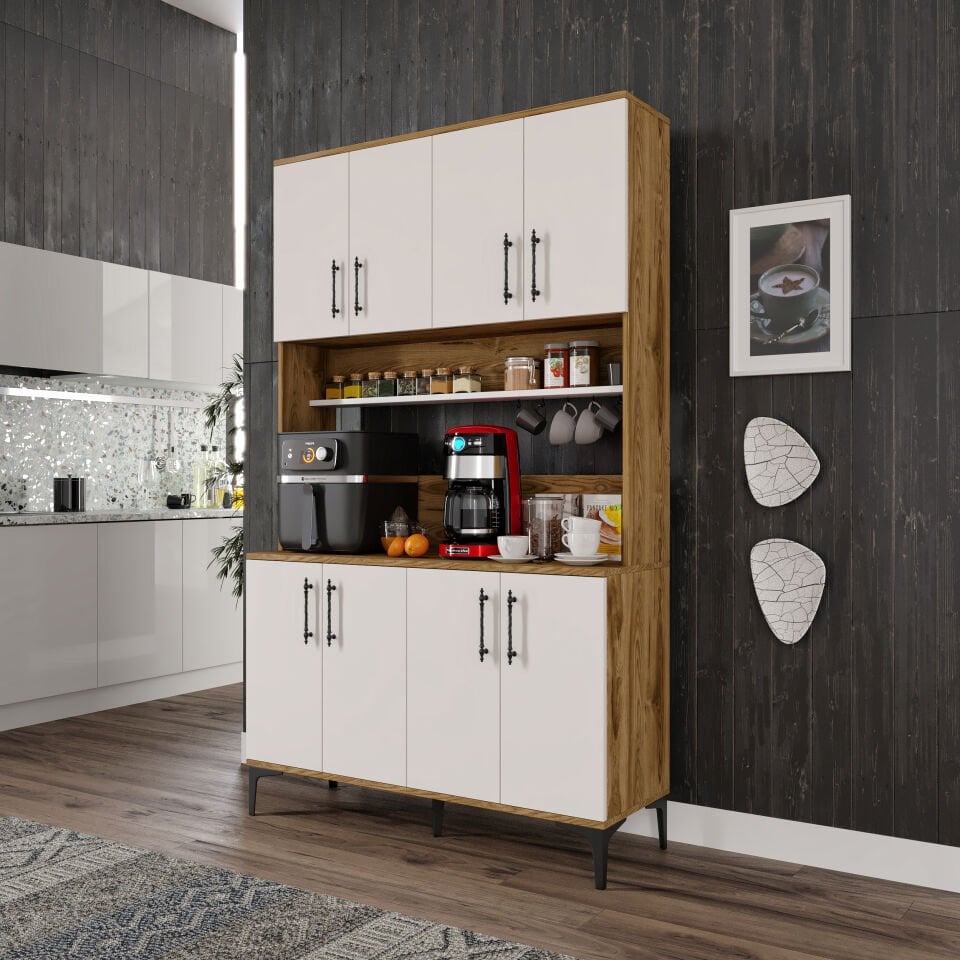 Kahve Köşesi Dolabı 8 Kapaklı Çok Amaçlı Saklama & Erzak Dolabı – Metal Ayaklı ve Metal Kulplu | Plain Pla8120 Ekru Ceviz