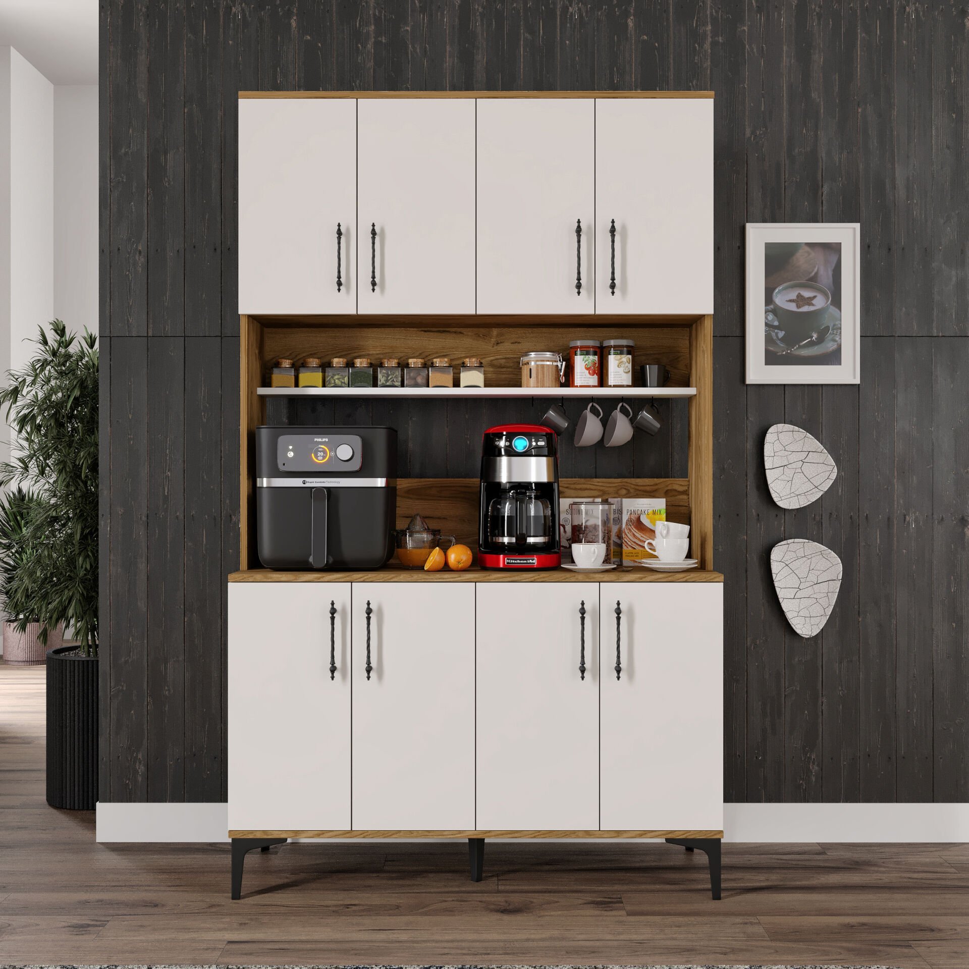 Kahve Köşesi Dolabı 8 Kapaklı Çok Amaçlı Saklama & Erzak Dolabı – Metal Ayaklı ve Metal Kulplu | Plain Pla8120 Ekru Ceviz