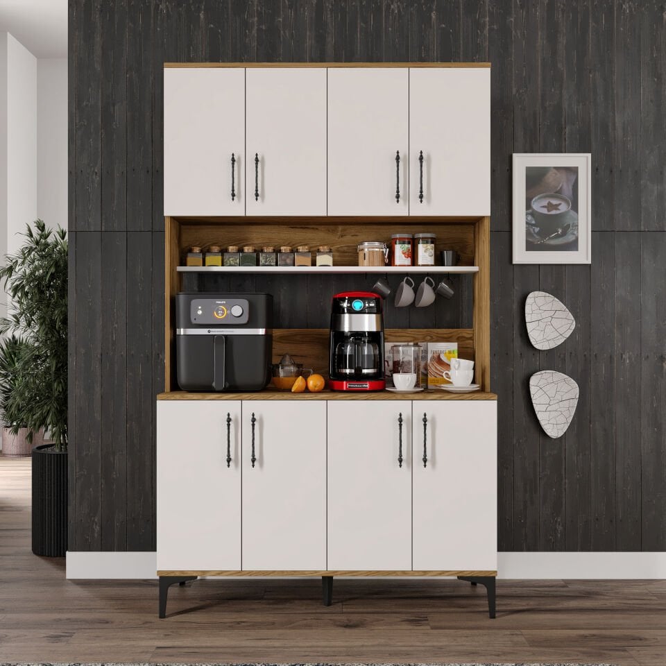 Kahve Köşesi Dolabı 8 Kapaklı Çok Amaçlı Saklama & Erzak Dolabı – Metal Ayaklı ve Metal Kulplu | Plain Pla8120 Ekru Ceviz