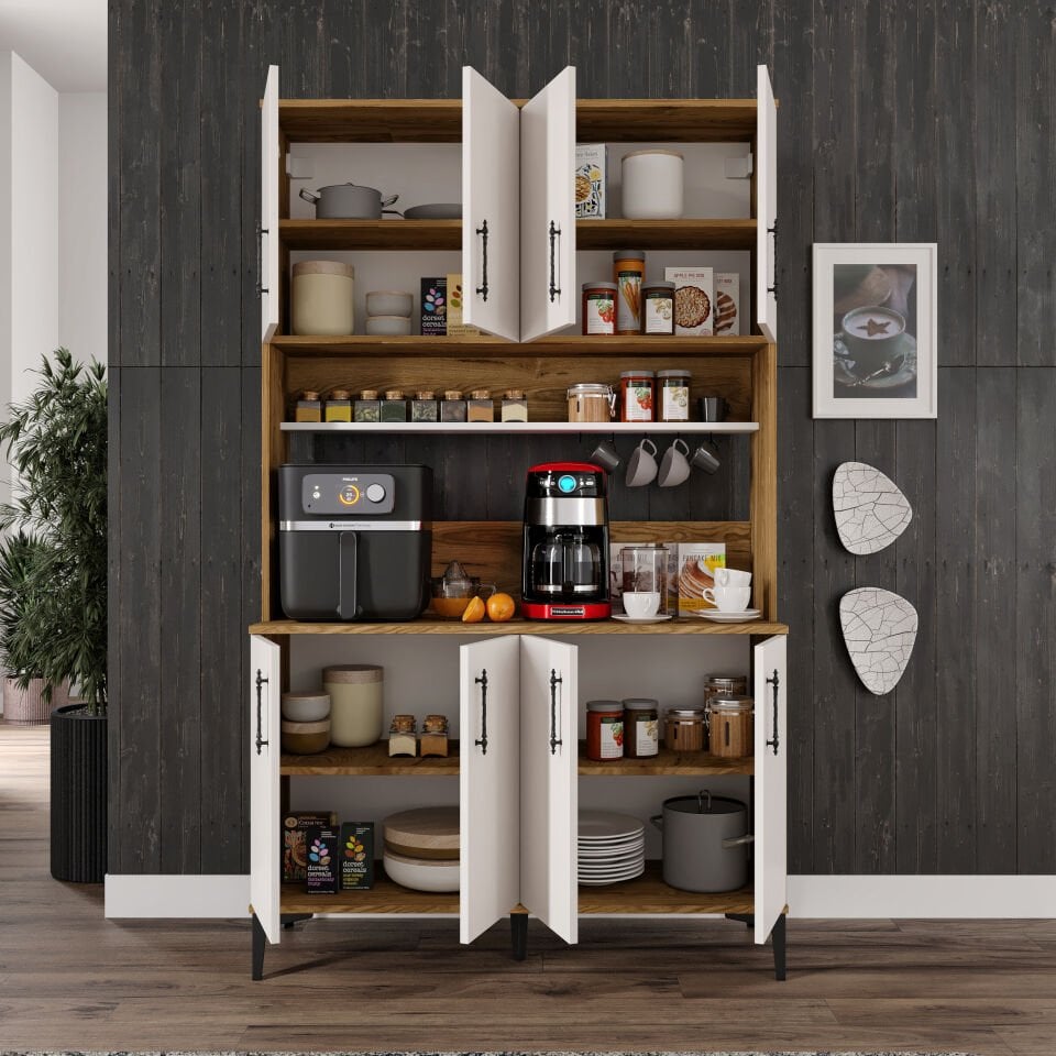 Kahve Köşesi Dolabı 8 Kapaklı Çok Amaçlı Saklama & Erzak Dolabı – Metal Ayaklı ve Metal Kulplu | Plain Pla8120 Ekru Ceviz