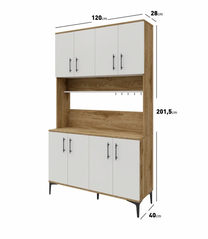 Kahve Köşesi Dolabı 8 Kapaklı Çok Amaçlı Saklama & Erzak Dolabı – Metal Ayaklı ve Metal Kulplu | Plain Pla8120 Ekru Ceviz