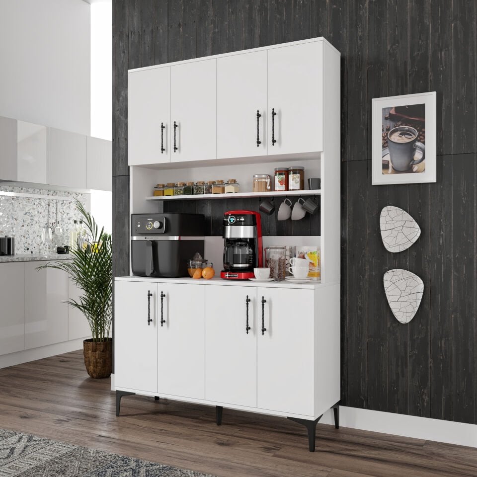 Kahve Köşesi Dolabı 8 Kapaklı Çok Amaçlı Saklama & Erzak Dolabı – Metal Ayaklı ve Metal Kulplu | Plain Pla8120 Beyaz