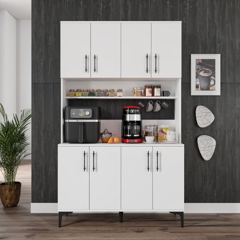 Kahve Köşesi Dolabı 8 Kapaklı Çok Amaçlı Saklama & Erzak Dolabı – Metal Ayaklı ve Metal Kulplu | Plain Pla8120 Beyaz