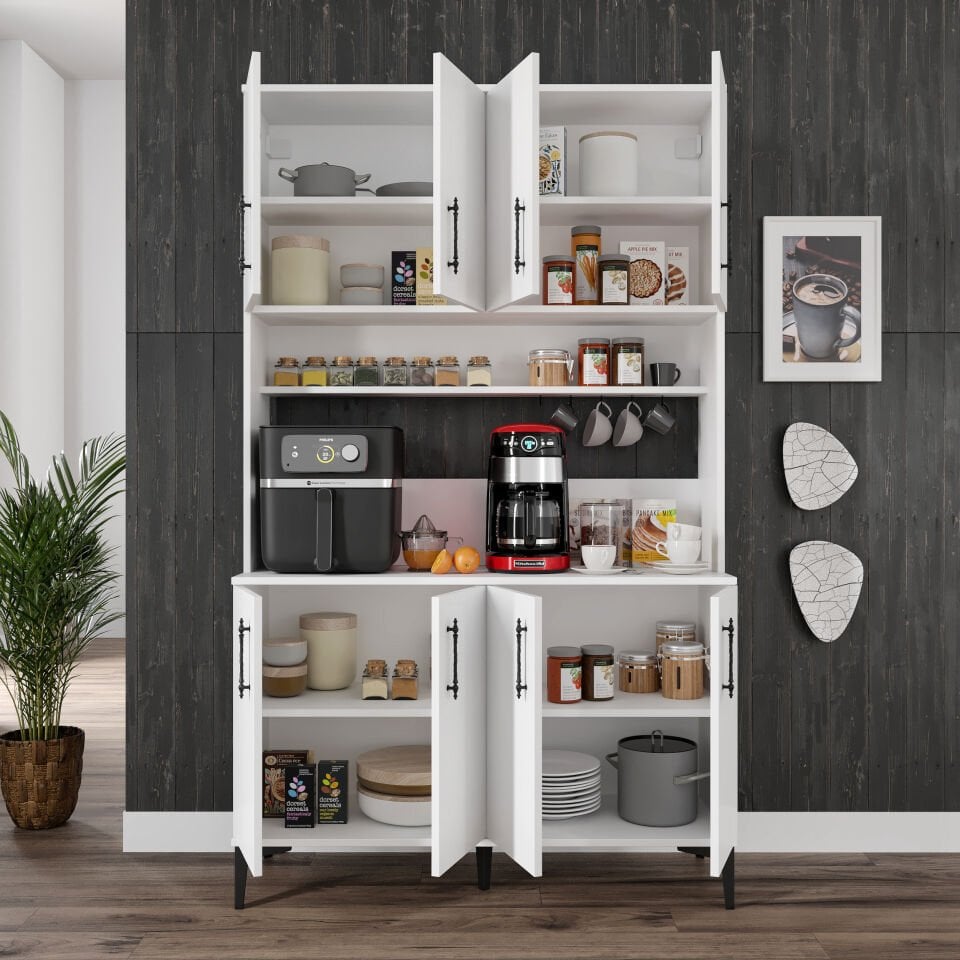 Kahve Köşesi Dolabı 8 Kapaklı Çok Amaçlı Saklama & Erzak Dolabı – Metal Ayaklı ve Metal Kulplu | Plain Pla8120 Beyaz