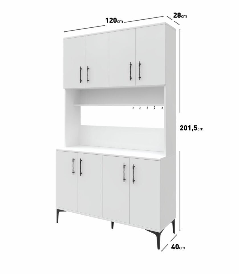 Kahve Köşesi Dolabı 8 Kapaklı Çok Amaçlı Saklama & Erzak Dolabı – Metal Ayaklı ve Metal Kulplu | Plain Pla8120 Beyaz