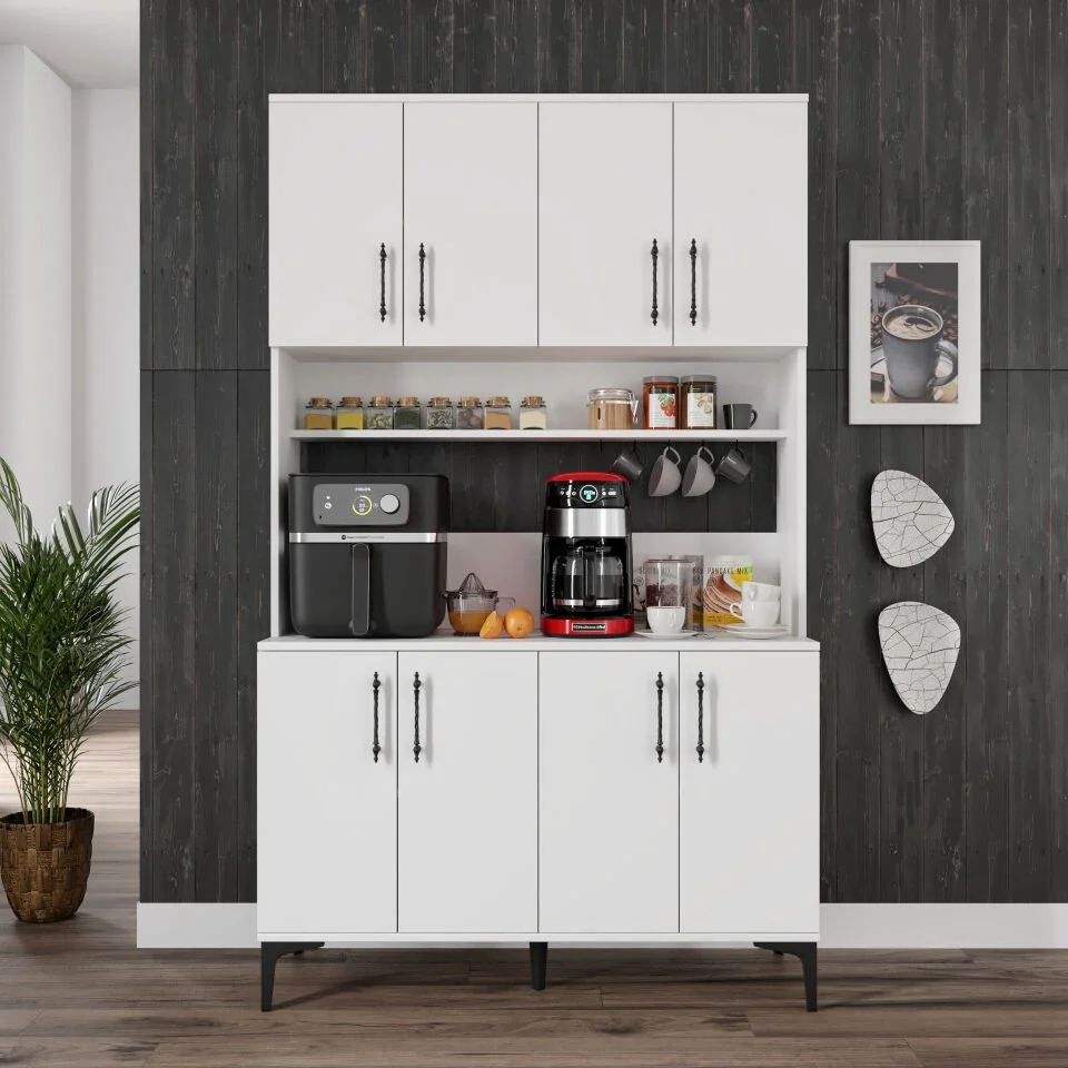 Beyaz kahve köşesi dolabı, 8 kapaklı geniş depolama alanı