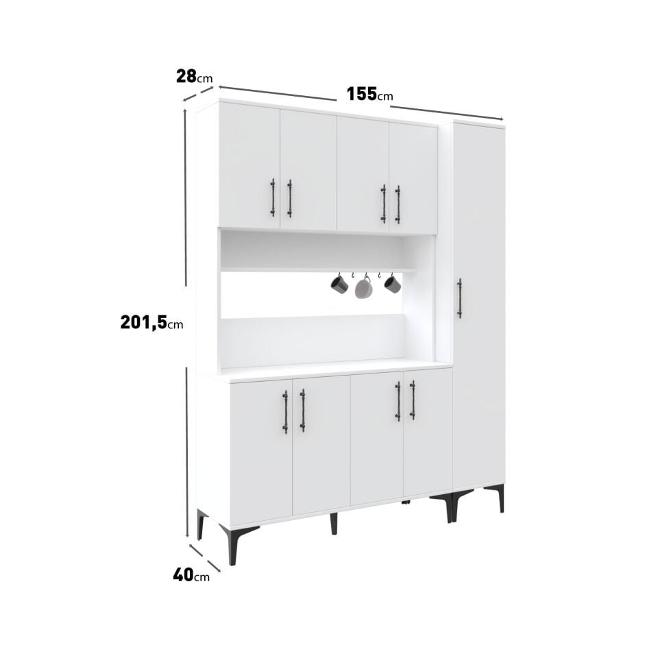 Kahve Köşesi Dolabı 9 Kapaklı Çok Amaçlı Saklama & Erzak Dolabı – Metal Ayaklı ve Metal Kulplu | Plain Pla9155 Beyaz
