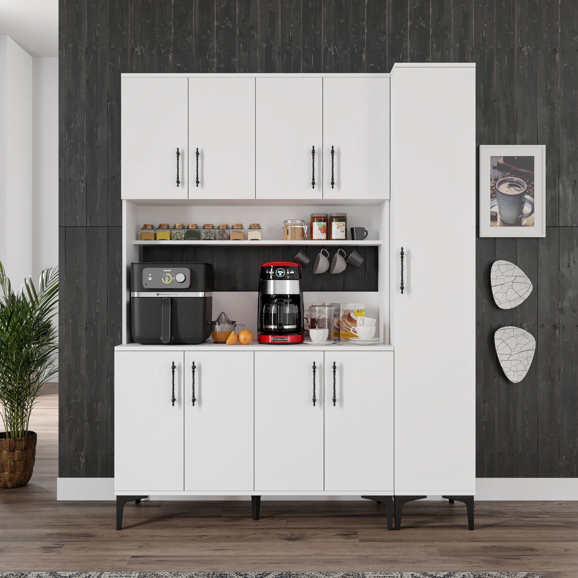 Kahve Köşesi Dolabı 9 Kapaklı Çok Amaçlı Saklama & Erzak Dolabı – Metal Ayaklı ve Metal Kulplu | Plain Pla9155 Beyaz