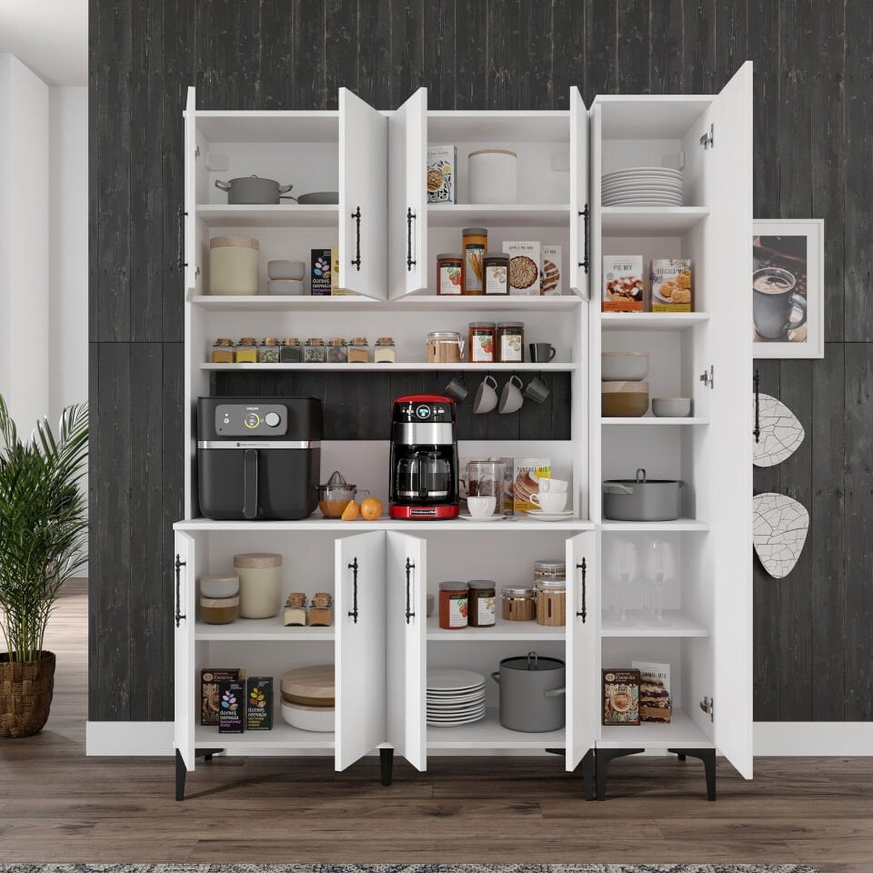 Kahve Köşesi Dolabı 9 Kapaklı Çok Amaçlı Saklama & Erzak Dolabı – Metal Ayaklı ve Metal Kulplu | Plain Pla9155 Beyaz