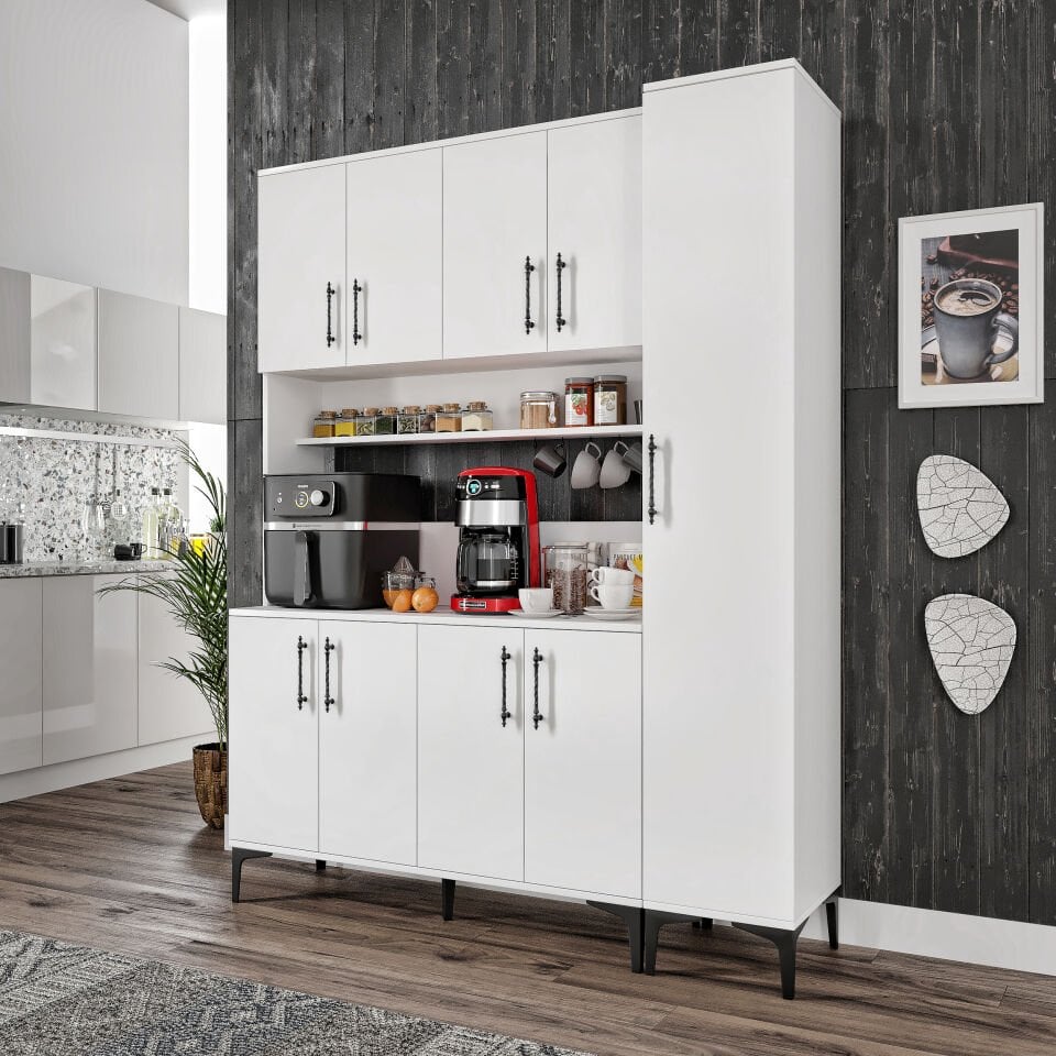 Kahve Köşesi Dolabı 9 Kapaklı Çok Amaçlı Saklama & Erzak Dolabı – Metal Ayaklı ve Metal Kulplu | Plain Pla9155 Beyaz