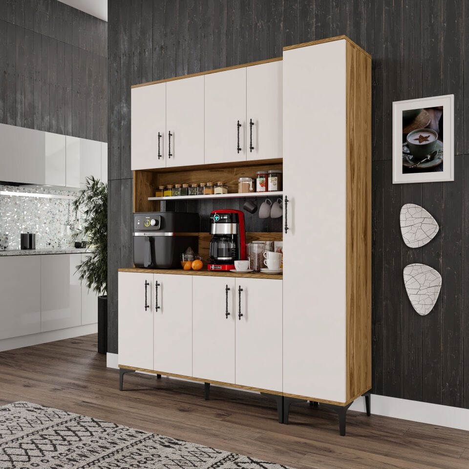 9 kapaklı ekru ceviz kahve istasyonu dolabı ve modern tasarım