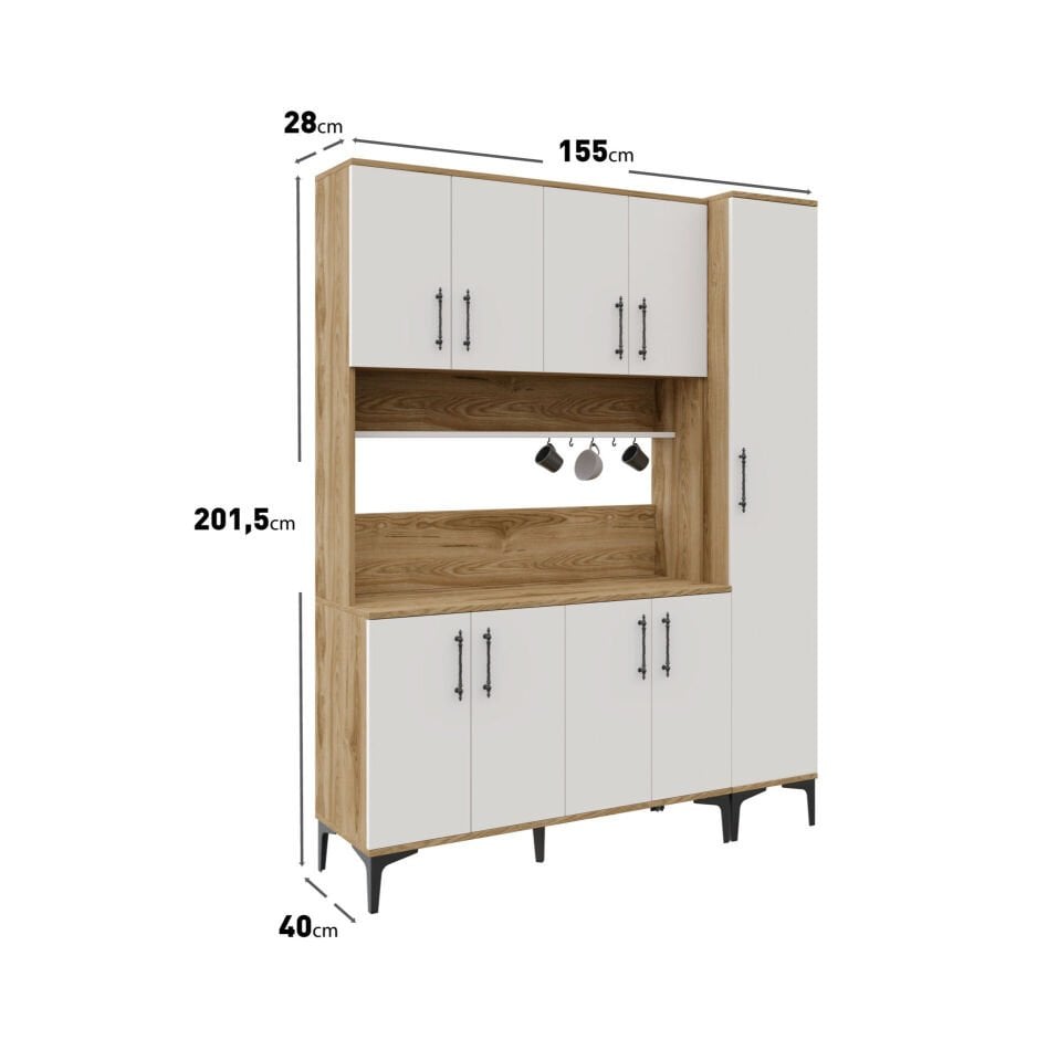 Şık ve kullanışlı ekru ceviz kahve köşesi dolabı, geniş saklama alanı ile evinize uyum sağlar