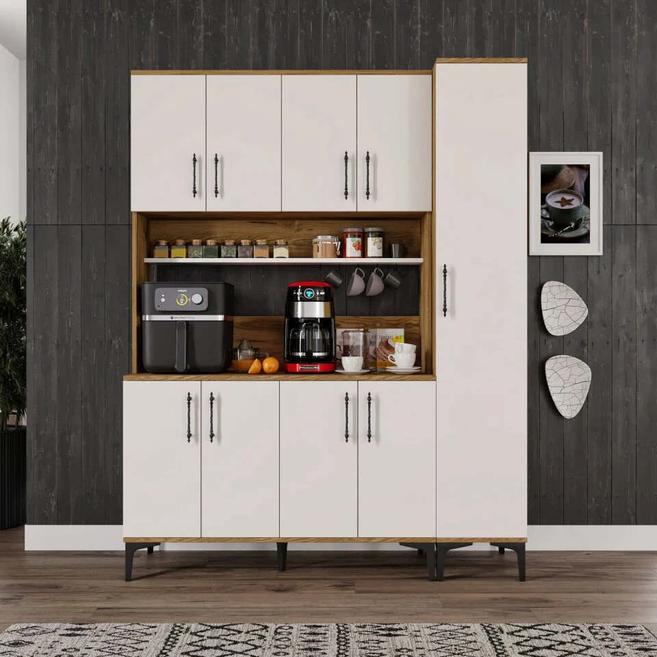 Ekru ceviz kahve köşesi dolabı, 9 kapaklı geniş depolama alanı