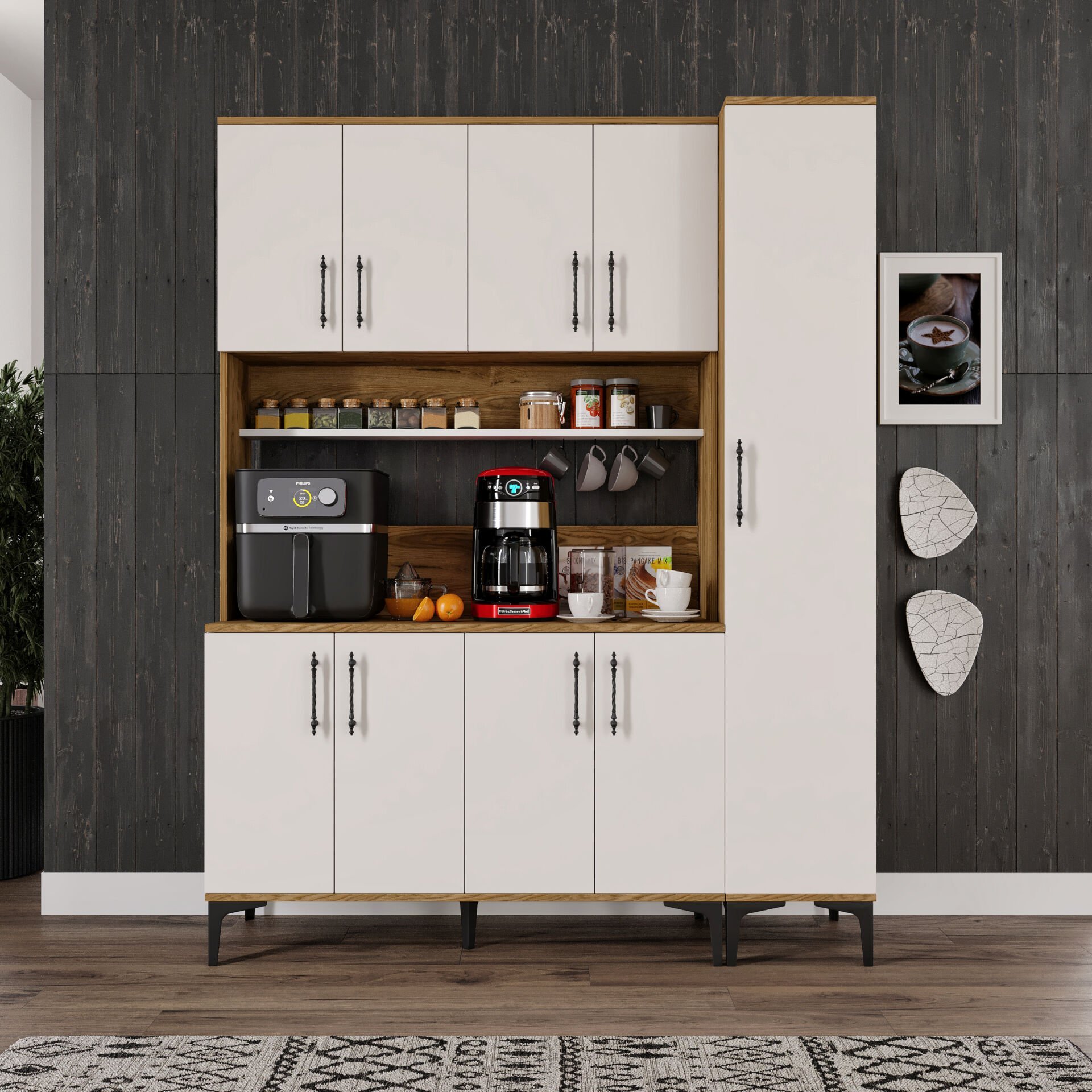 Kahve Köşesi Dolabı 9 Kapaklı Çok Amaçlı Saklama & Erzak Dolabı – Metal Ayaklı ve Metal Kulplu | Plain Pla9155 Ekru Ceviz