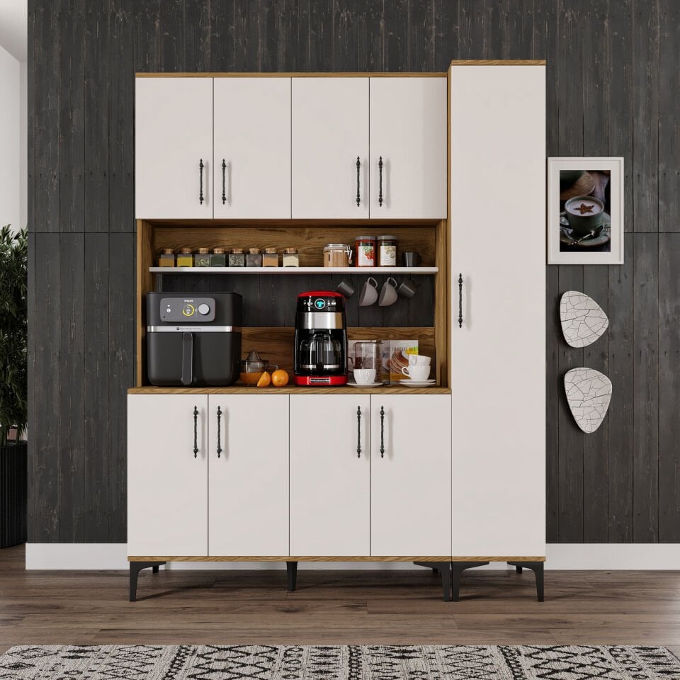 Kahve Köşesi Dolabı 9 Kapaklı Çok Amaçlı Saklama & Erzak Dolabı – Metal Ayaklı ve Metal Kulplu | Plain Pla9155 Ekru Ceviz